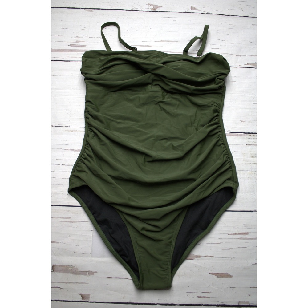 Smismivo One Piece Swimsuit Ruched Tummy Control Olive Green Medium NWT Boho